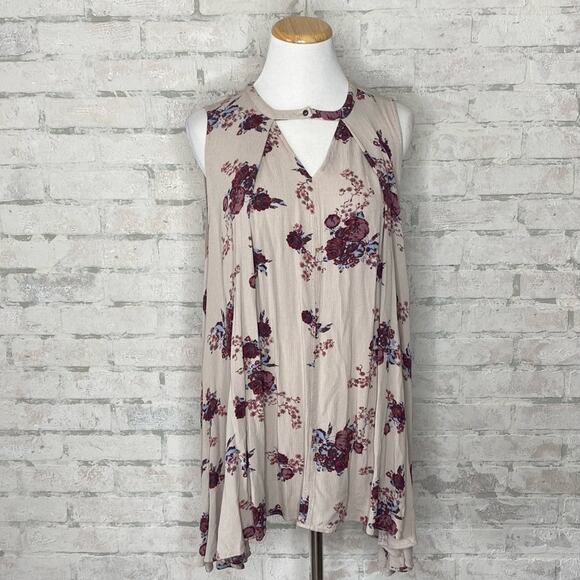 Free People | Tan & Burgundy Sleeveless Floral Snap Out of It Swing Dress - Picture 4 of 6